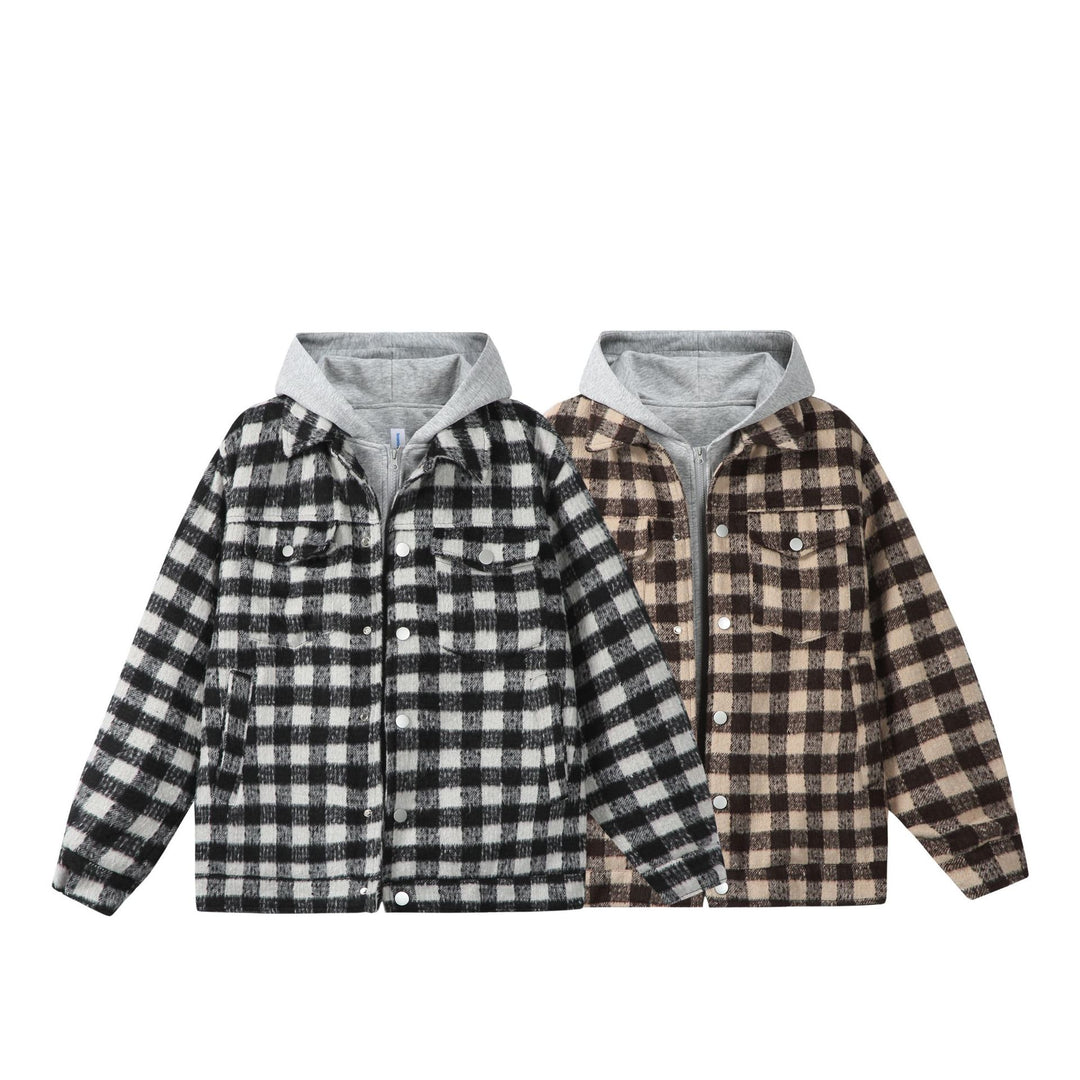Damen Kurzblouson im Shacket‑Stil mit Karo‑Wolloptik und integrierter Sweatkapuze Shop Nory