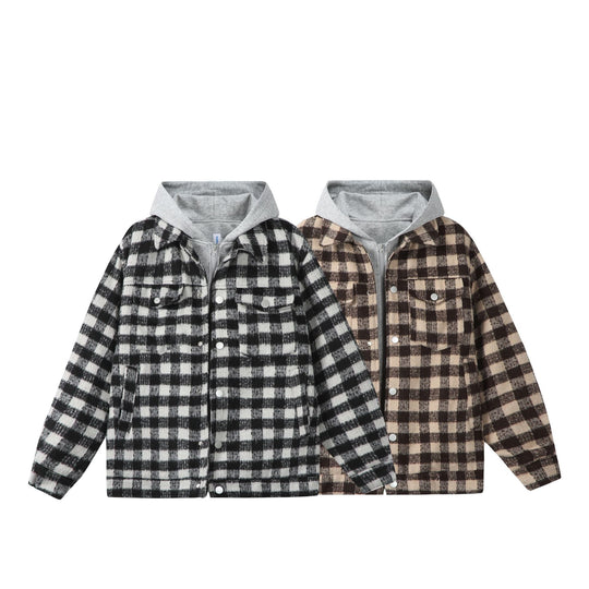 Damen Kurzblouson im Shacket‑Stil mit Karo‑Wolloptik und integrierter Sweatkapuze Shop Nory