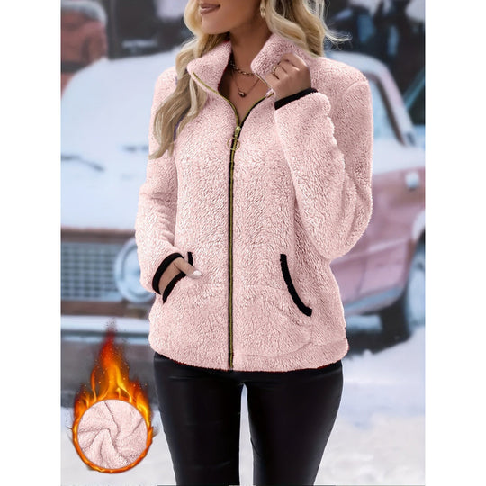 Damen Thermo-Sherpa-Fleecejacke mit Stehkragen, Kontrastkanten und Ringzipper Shop Nory