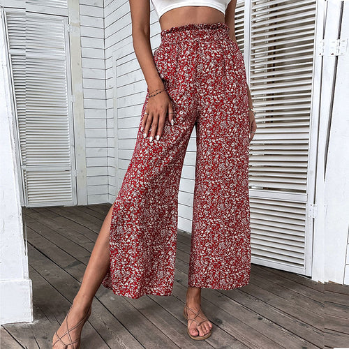 Damen Weite hochgeschnittene Palazzo‑Hose mit floralem Muster und seitlichem Beinschlitz Shop Nory