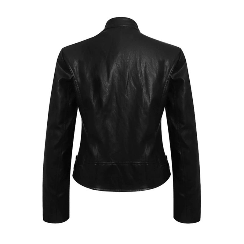 Damen Taillierte Lederoptik-Jacke mit Stehkragen, Schulterklappen und Taillengürtel Shop Nory