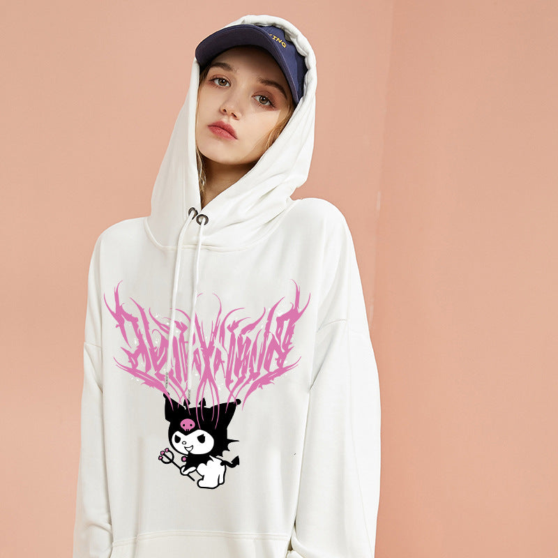 Damen nan lockeres Kapuzensweatshirt aus angerautem Fleece mit Kängurutasche und kawaii-Charakter-Print Shop Nory