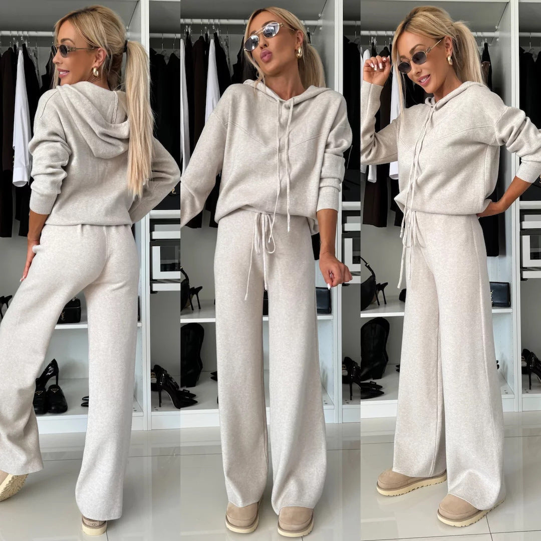 Damen kuscheliger Strick-Jogginganzug mit kurzem Kapuzenpullover und weitem Fließbein Shop Nory