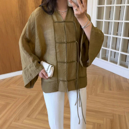 Damen Leinen-Kimonojacke mit weiten Ärmeln, Zierknoten-Grid & Bindegürtel Shop Nory
