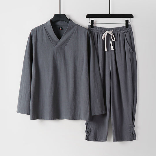 Herren Lockeres Loungewear-Set mit V-Notch-Stehkragen und Kordelzug-Hose Shop Nory