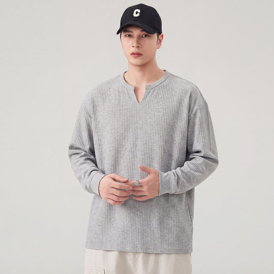 Herren Lockeres Langarmshirt mit V-Notch-Kragen und strukturierter Baumwollmischung Shop Nory