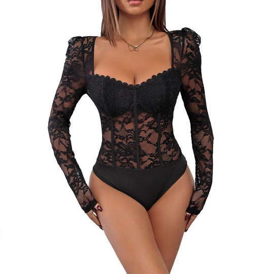 Damen Figurformender Spitzen-Bustierbody mit Korsettnähten und langen Transparenteärmeln Shop Nory