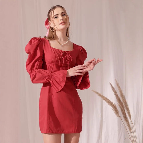 Damen Puffärmeliges Mini-Kleid mit eckigem Ausschnitt, Kordel-Bustier und Glockenärmeln Shop Nory