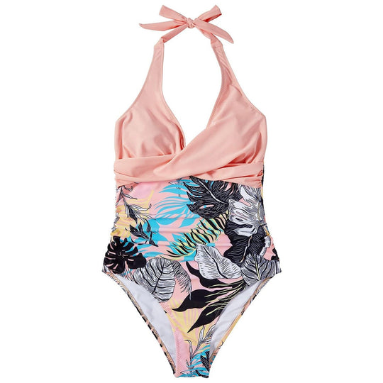 Damen Einteiler Badeanzug mit floralem Wickel-Design und verstellbaren Trägern