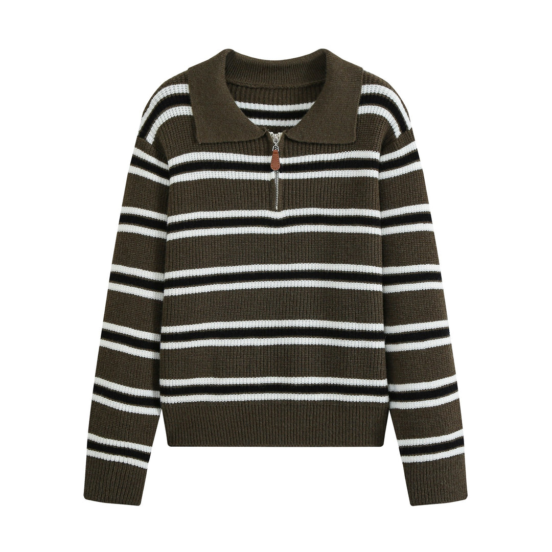 Damen Gestreifter Strickpullover mit Polokragen und Halbreißverschluss Shop Nory