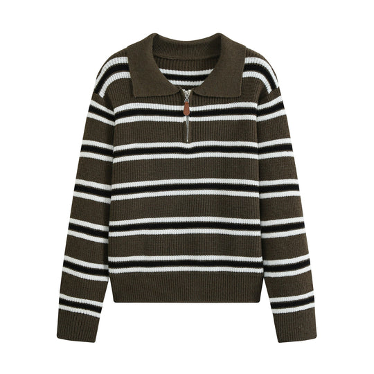 Damen Gestreifter Strickpullover mit Polokragen und Halbreißverschluss Shop Nory