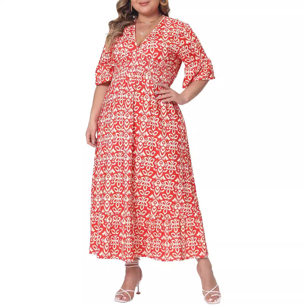 Damen Midikleid in A‑Linie mit grafischem Allover‑Print, geraffter Taillenpartie und Volantstufen Shop Nory