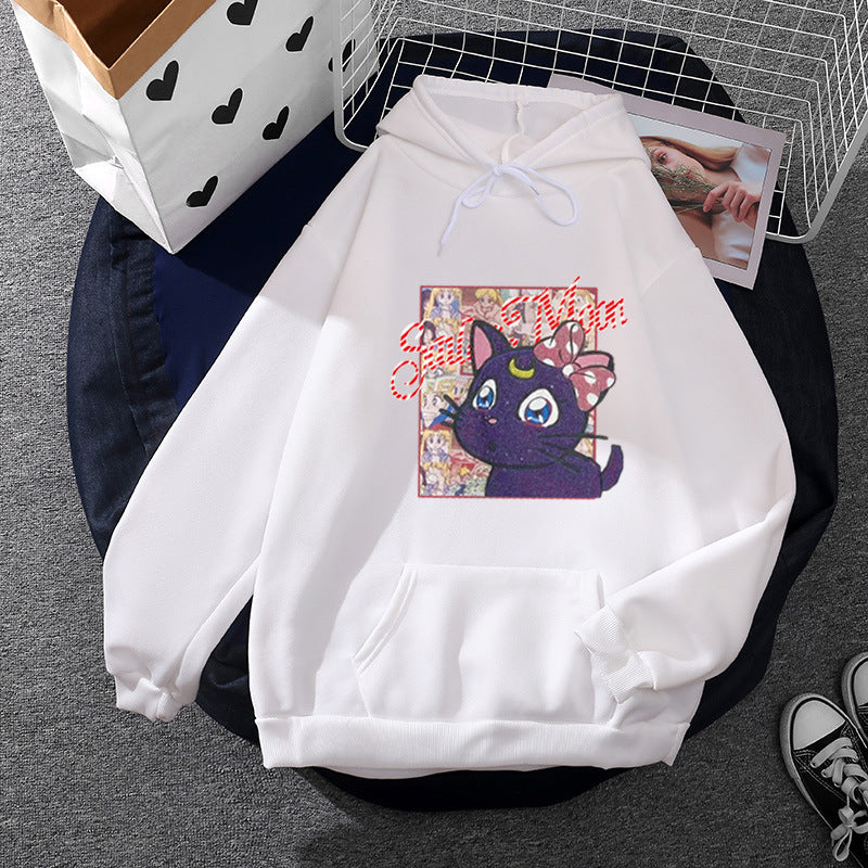 Damen nan Oversize-Kapuzenpullover mit glitzerndem Anime-Katzen-Motiv, Kängurutasche und weichem Fleece-Innenfutter Shop Nory