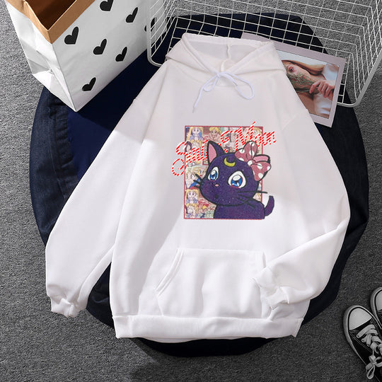 Damen nan Oversize-Kapuzenpullover mit glitzerndem Anime-Katzen-Motiv, Kängurutasche und weichem Fleece-Innenfutter Shop Nory