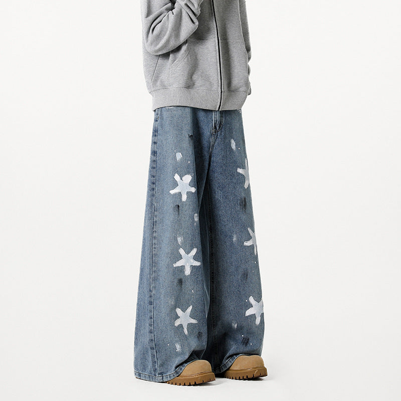 Damen Extraweite Baggy-Jeans mit Sternprint, Distressed-Details und weitem Bein Shop Nory