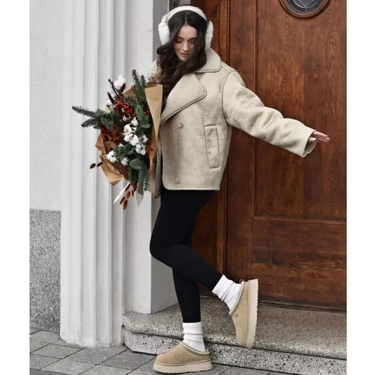Damen Boxy-Jacke aus Faux-Shearling mit großem Teddykragen und Eingrifftaschen Shop Nory