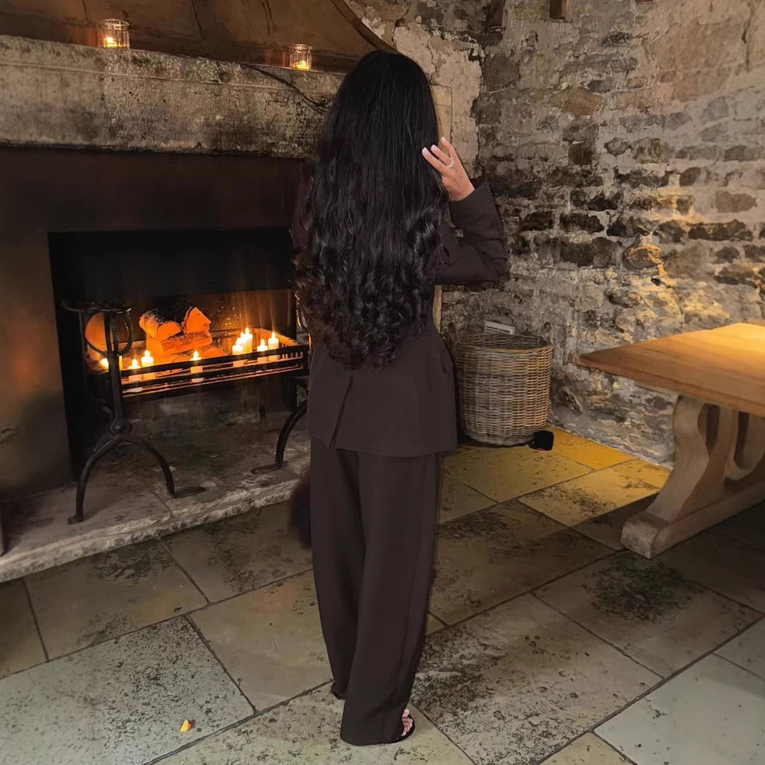 Damen Zweiteiliges maßgeschneidertes Blazer‑Hosen‑Set mit tailliertem Schnitt und weitem Palazzohosenbein Shop Nory