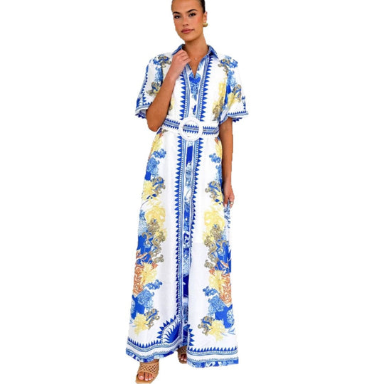 Damen Maxikleid mit floralem Knopfleisten-Design und tailliertem Gürtel
