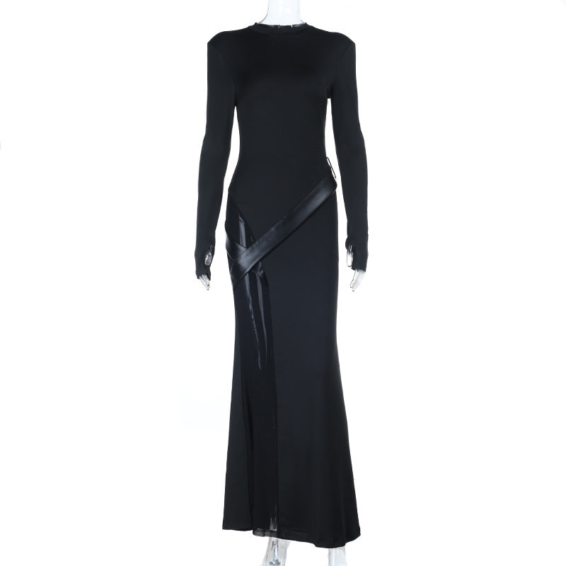 Damen figurbetontes Abend-Maxikleid mit langen Ärmeln und Satin-Detail Shop Nory