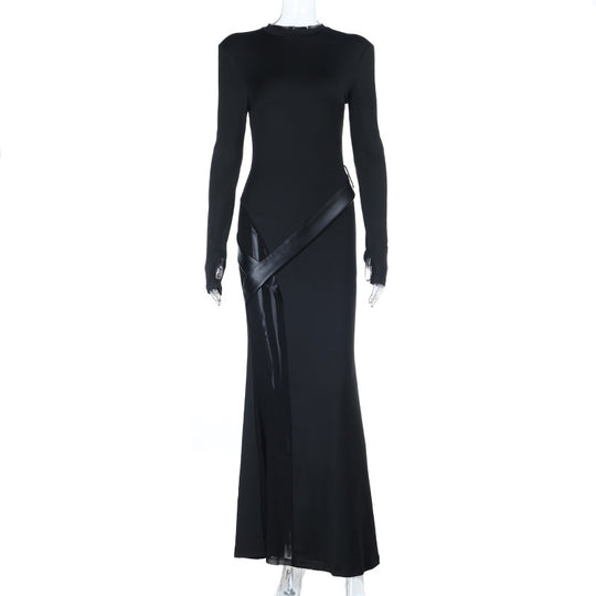 Damen figurbetontes Abend-Maxikleid mit langen Ärmeln und Satin-Detail Shop Nory
