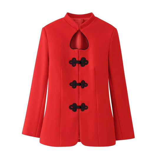 Damen Kurzjacke im Mandarinstil mit Tropfen-Ausschnitt und dekorativen Knotenverschlüssen Shop Nory