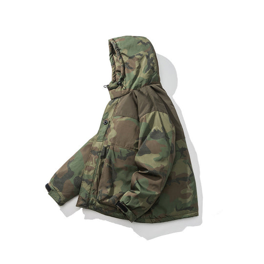 Unisex Boxy-Kurz-Pufferjacke im Camouflage-Utility-Stil mit Kapuze und verdeckter Frontblende Shop Nory
