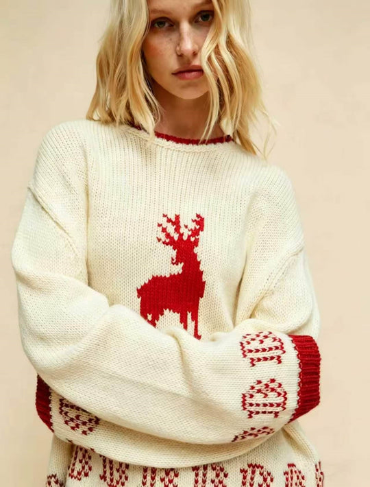 Damen Oversize Strickpullover mit Hirschintarsie, Rundhalsausschnitt und Norwegerbündchen Shop Nory