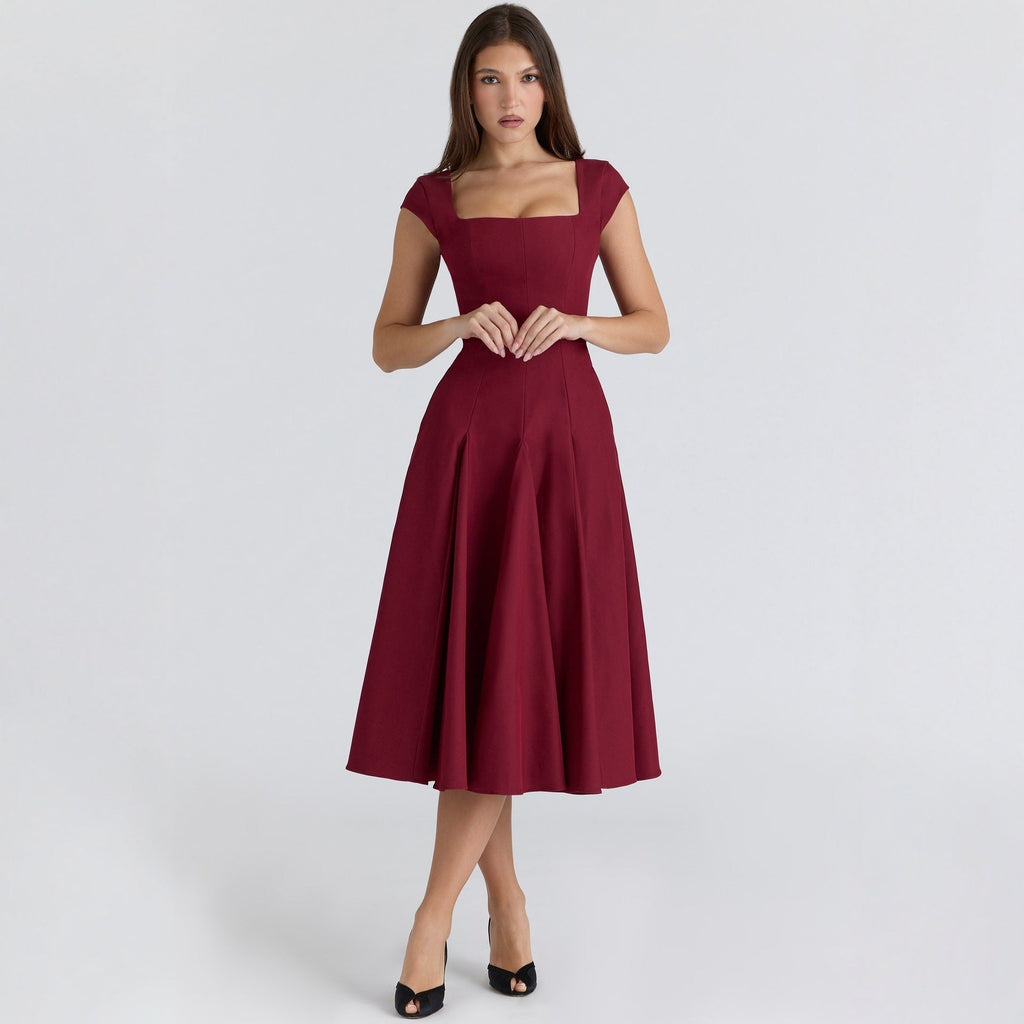 Damen Midi-Kleid mit quadratischem Ausschnitt und weit schwingendem Rock