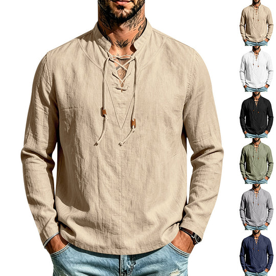 Herren Leinenhemd mit Stehkragen und Schnürung Shop Nory