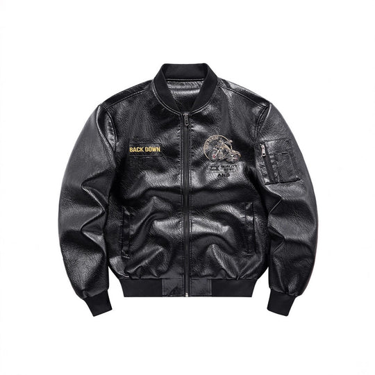 Herren Kunstleder‑Bomberjacke mit wärmender Fleece‑Innenfütterung, Motorrad‑Stickerei und Ärmeltasche Shop Nory
