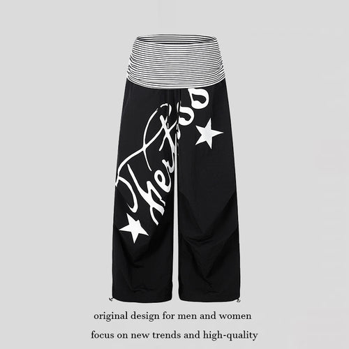 Damen Weite Palazzo-Hose mit hohem, gestreiftem Komfortbund und Statement-Print Shop Nory