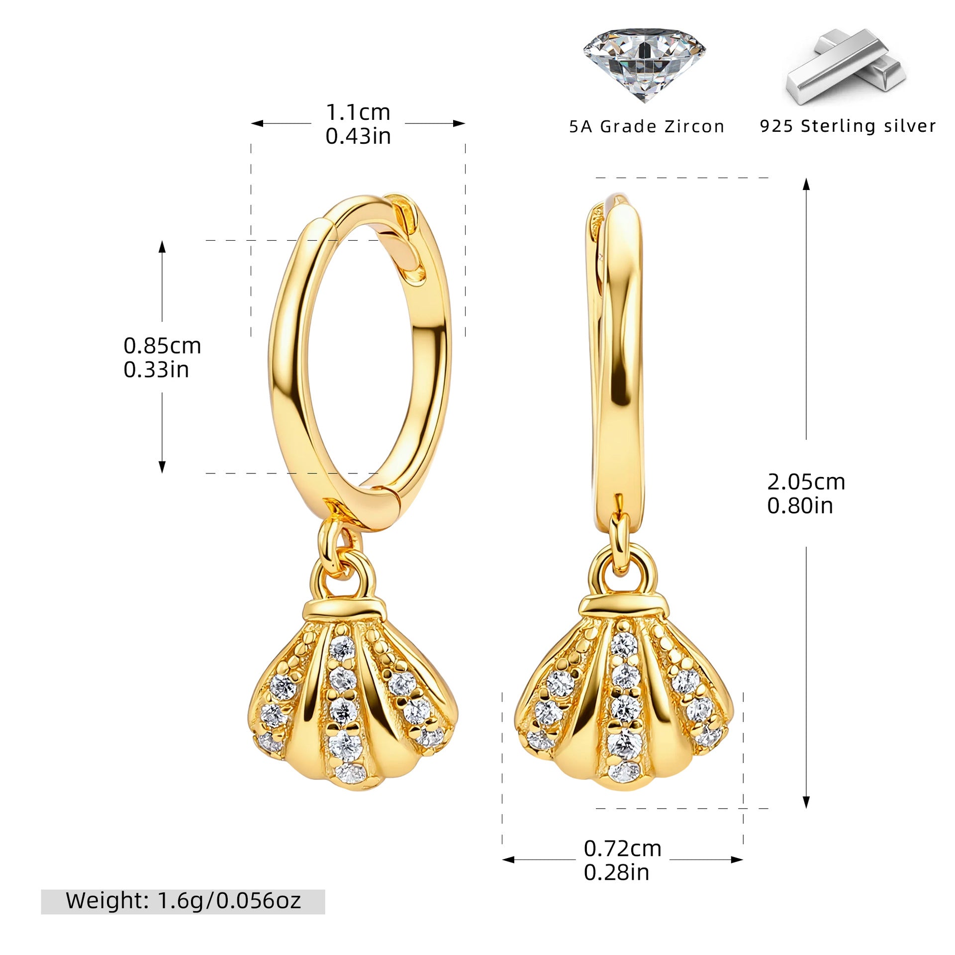 Damen Creolen mit funkelndem Zirkonanhänger im eleganten Muscheldesign Shop Nory
