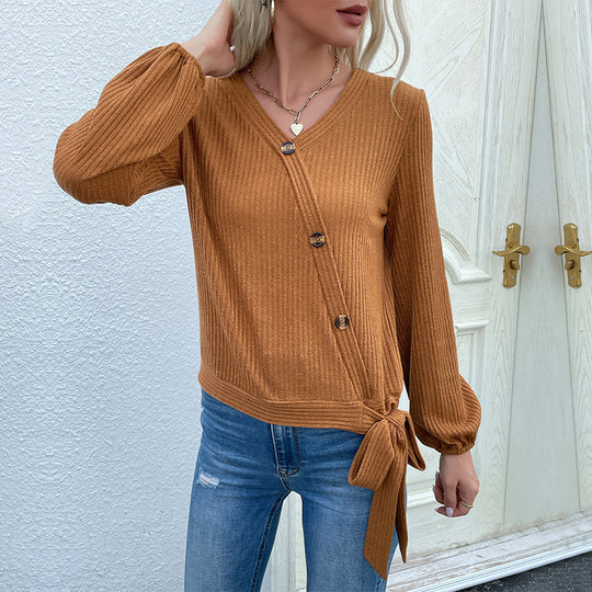 Damen Gerippte Wickel-Strickjacke mit V-Ausschnitt und seitlichem Knotendetail Shop Nory