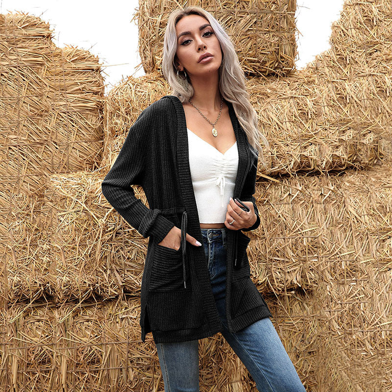 Damen Longline Feinstrickcardigan mit Tunnelzug, Rippstruktur und Eingrifftaschen Shop Nory