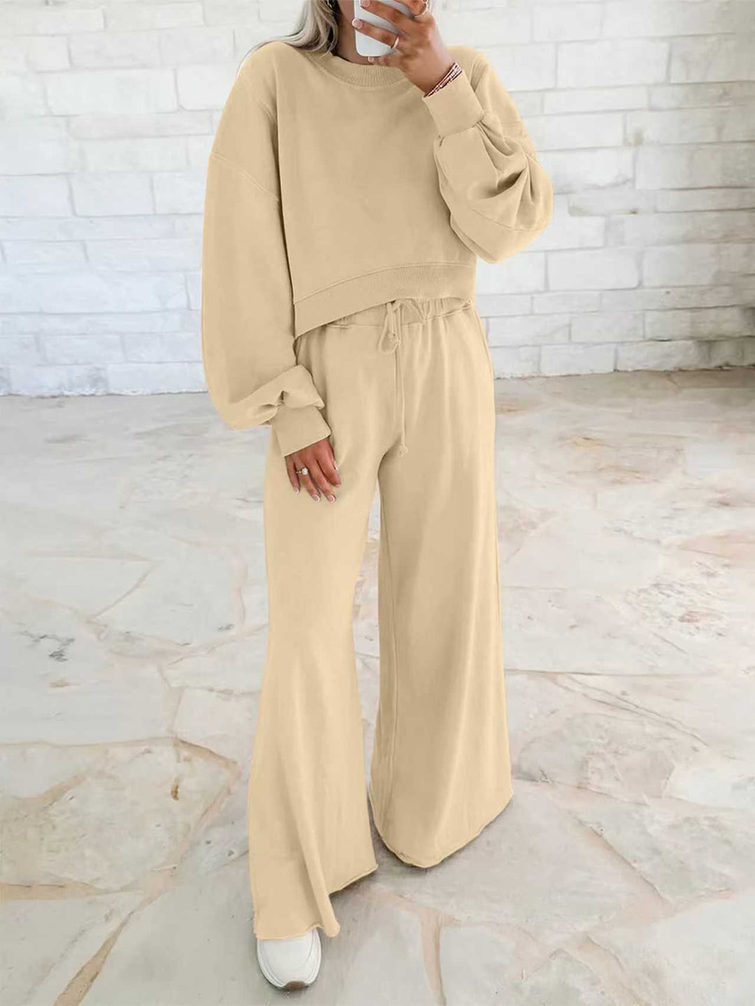 Damen Kurzpullover- und Palazzohose Lounge-Set mit Ballonärmeln Shop Nory