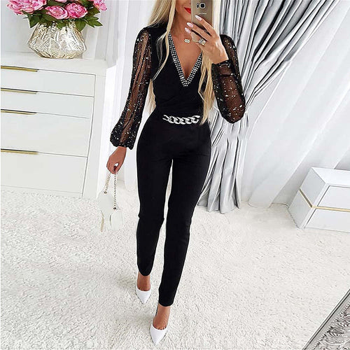 Jumpsuit Slim Passform V-Ausschnitt mit Diamantdetails Schnittärmel Kettengürtel
