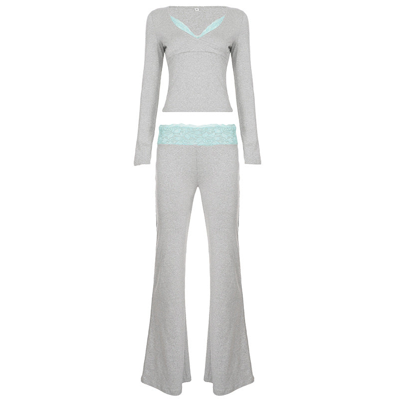 Damen nan Lounge-Set mit Spitzenbund, V-Ausschnitt und ausgestellter Schlaghose Shop Nory