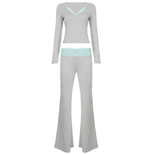 Damen nan Lounge-Set mit Spitzenbund, V-Ausschnitt und ausgestellter Schlaghose Shop Nory