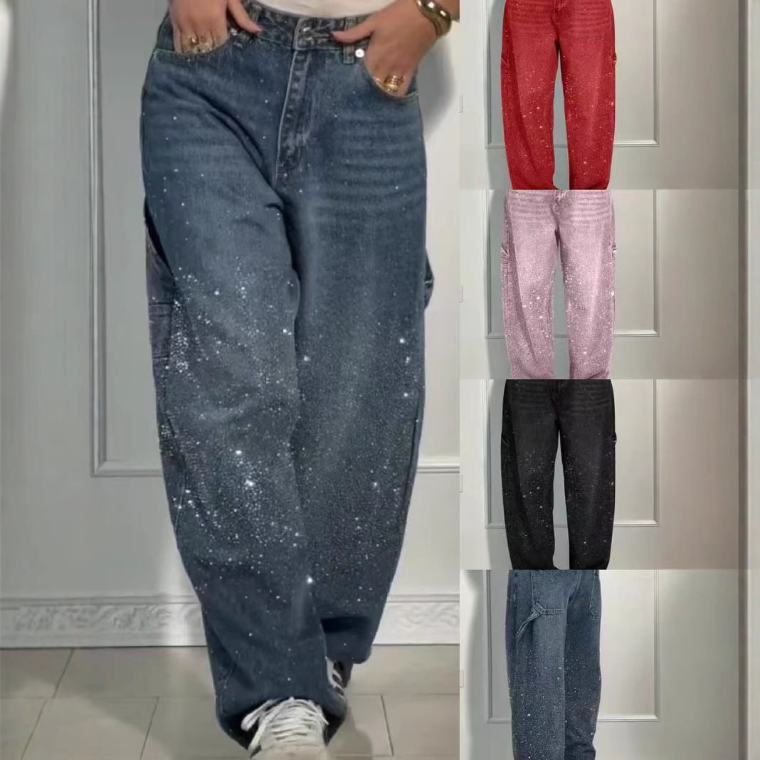 Damen High-Waist Jeans im weiten Cargo-Schnitt mit funkelndem Strassbesatz Shop Nory