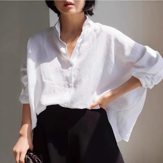 Damen Oversize-Leinenbluse mit geraffter Rückenpasse und krempelbaren Ärmeln Shop Nory