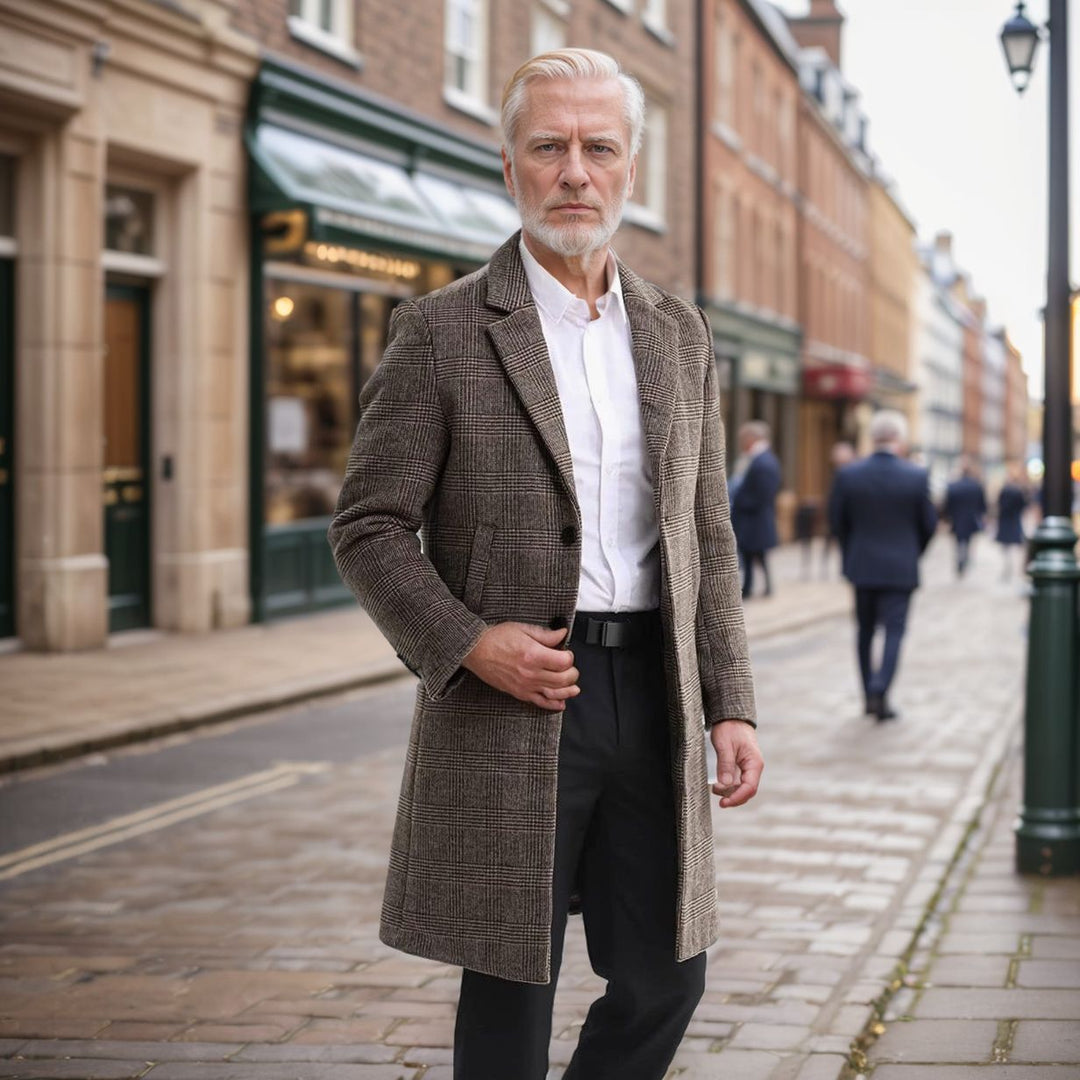 Herren Wollblendmantel im Glencheck mit schlanker langer Silhouette Shop Nory