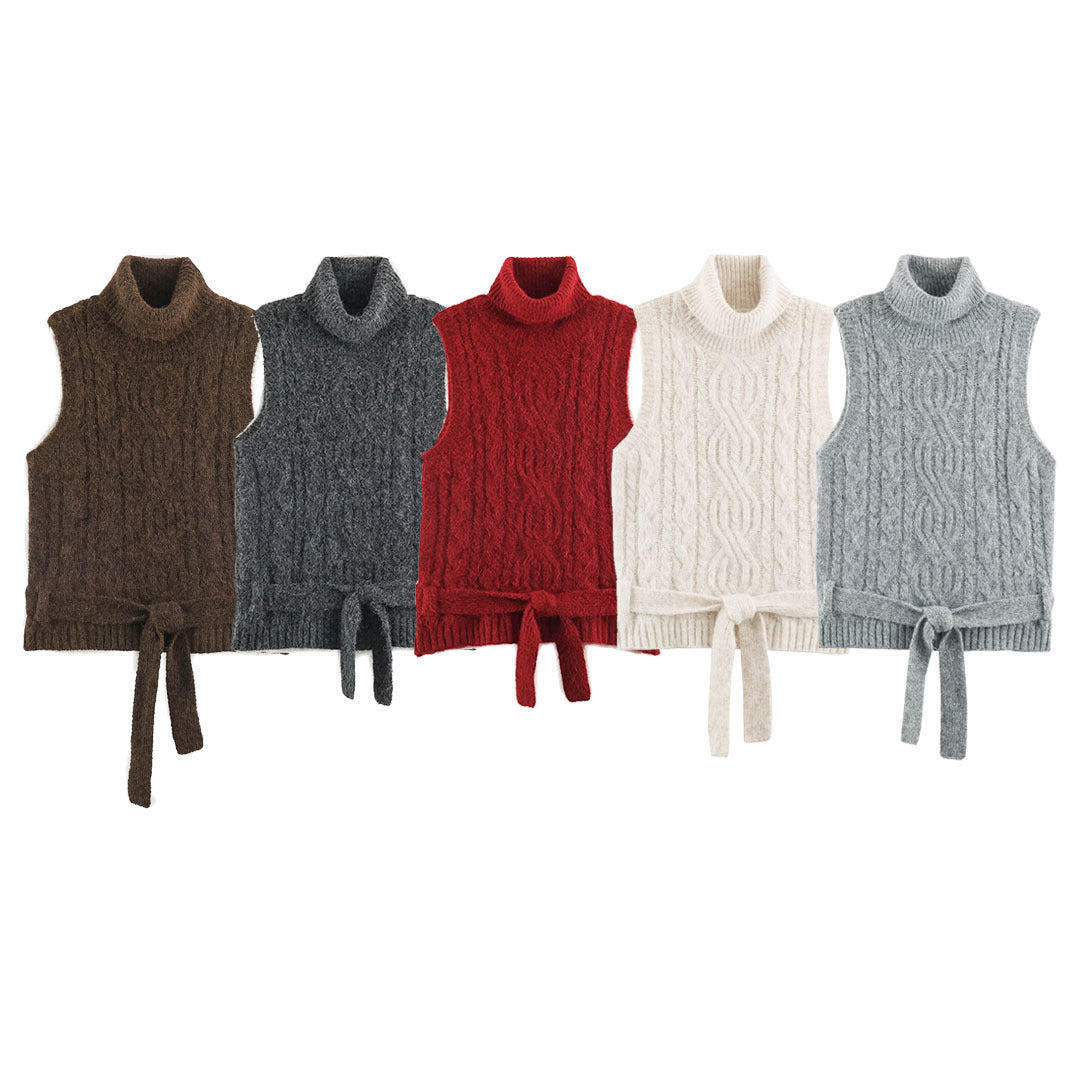Damen Ärmellose Zopfstrick-Weste mit Rollkragen und Bindegürtel Shop Nory