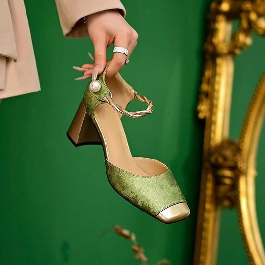 Damen nan elegante Slingback-Pumps mit quadratischer Zehenform, Jacquard-Obermaterial und gedrehtem Schmuckriemen