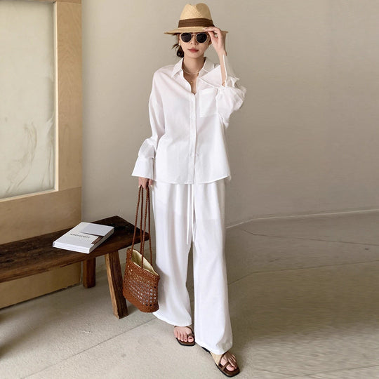 Damen Zweiteiliges Leichtes Loungewear-Set mit Oversize-Hemd und weiter Kordelbund-Hose Shop Nory