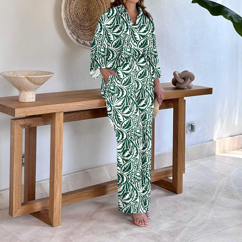Damen Gemustertes Kimono-Lounge-Set mit weitem Palazzohose aus leichtem Viskose-Mix Shop Nory