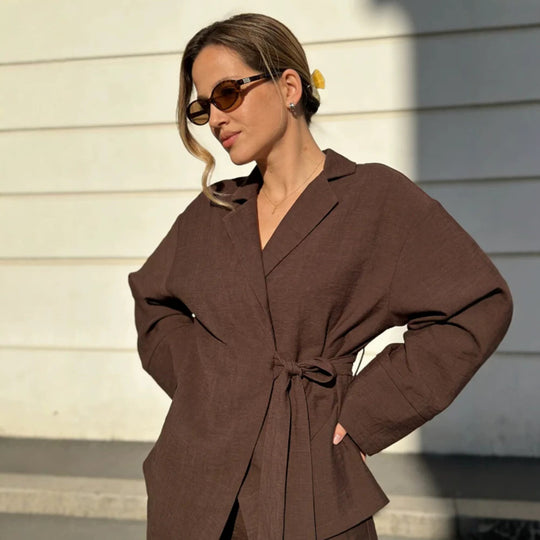 Damen Wickel-Blazer mit Bindegürtel, lässigem Oversize‑Schnitt und Reverskragen Shop Nory