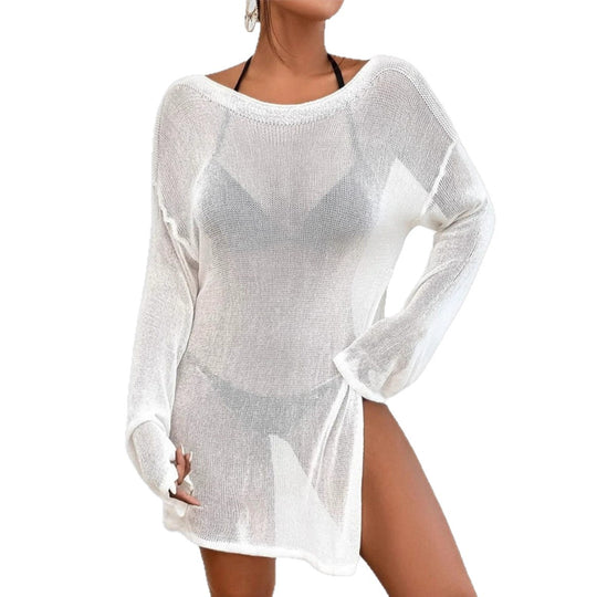 Damen transparenter Strandpullover mit asymmetrischem Ein-Schulter-Schnitt, Seitenschleife und lockerem Strick Shop Nory