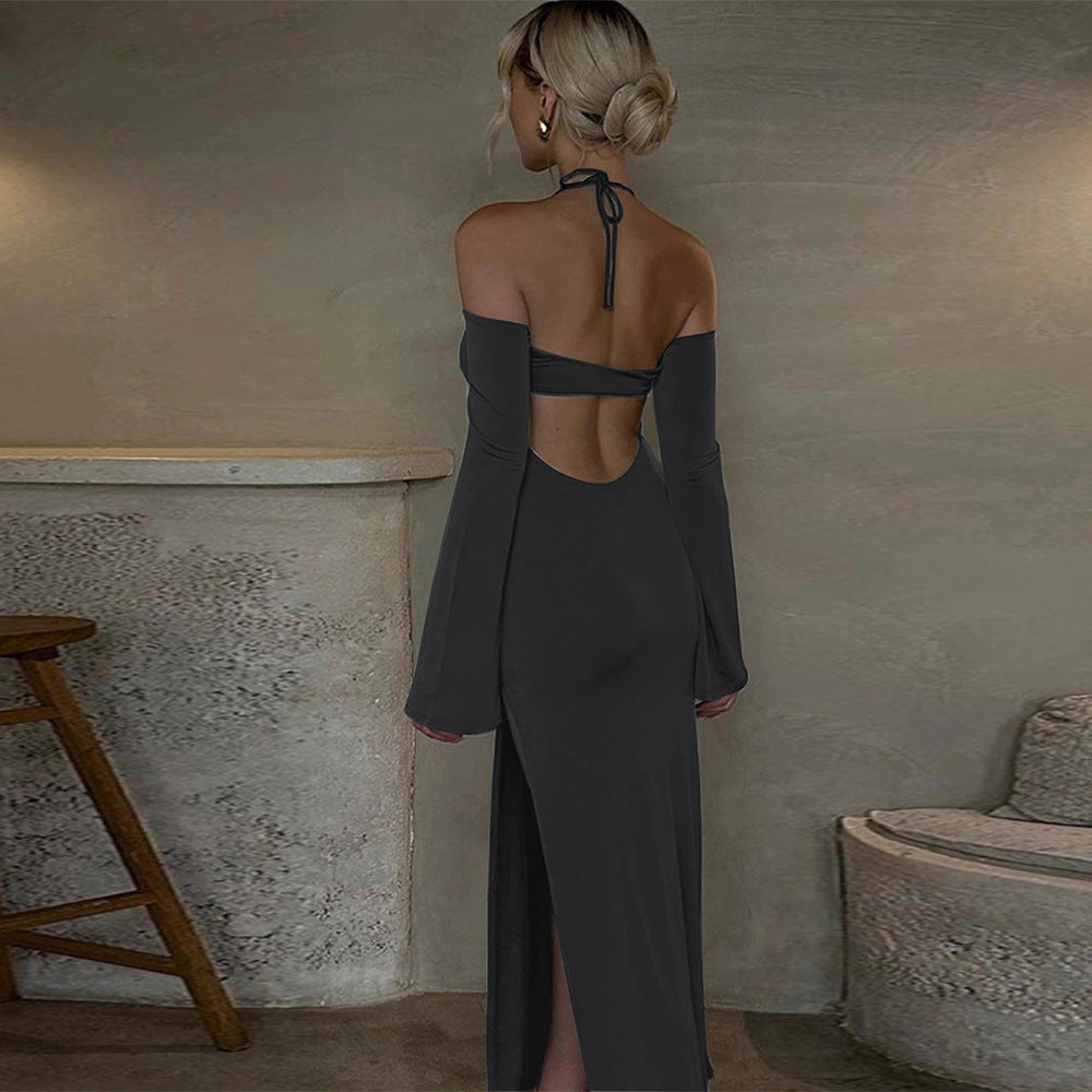 Damen langes Abendkleid mit Neckholder und schulterfreiem Bell-Ärmel, figurbetonter Taillenraffung und hohem seitlichem Beinschlitz Shop Nory