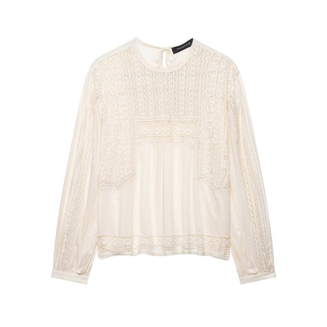 Damen Langärmlige Boho-Spitzenbluse mit Häkel- und Plissee-Details Shop Nory