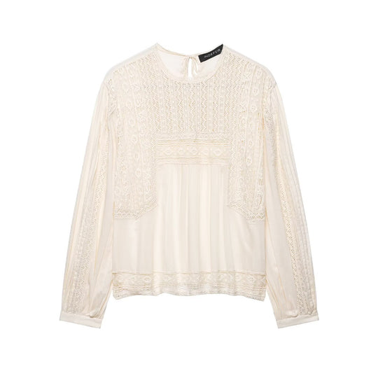 Damen Langärmlige Boho-Spitzenbluse mit Häkel- und Plissee-Details Shop Nory